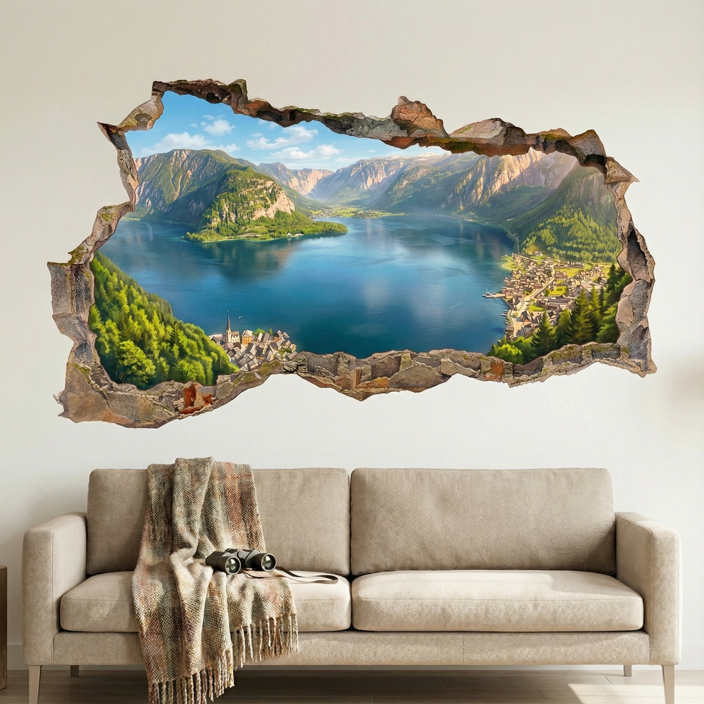 Vinilos Decorativos: Agujero de Muro Lago Alpino Panor&aacute;mico