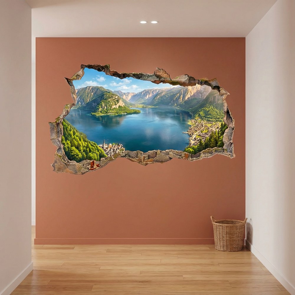 Vinilos Decorativos: Agujero de Muro Lago Alpino Panor&aacute;mico