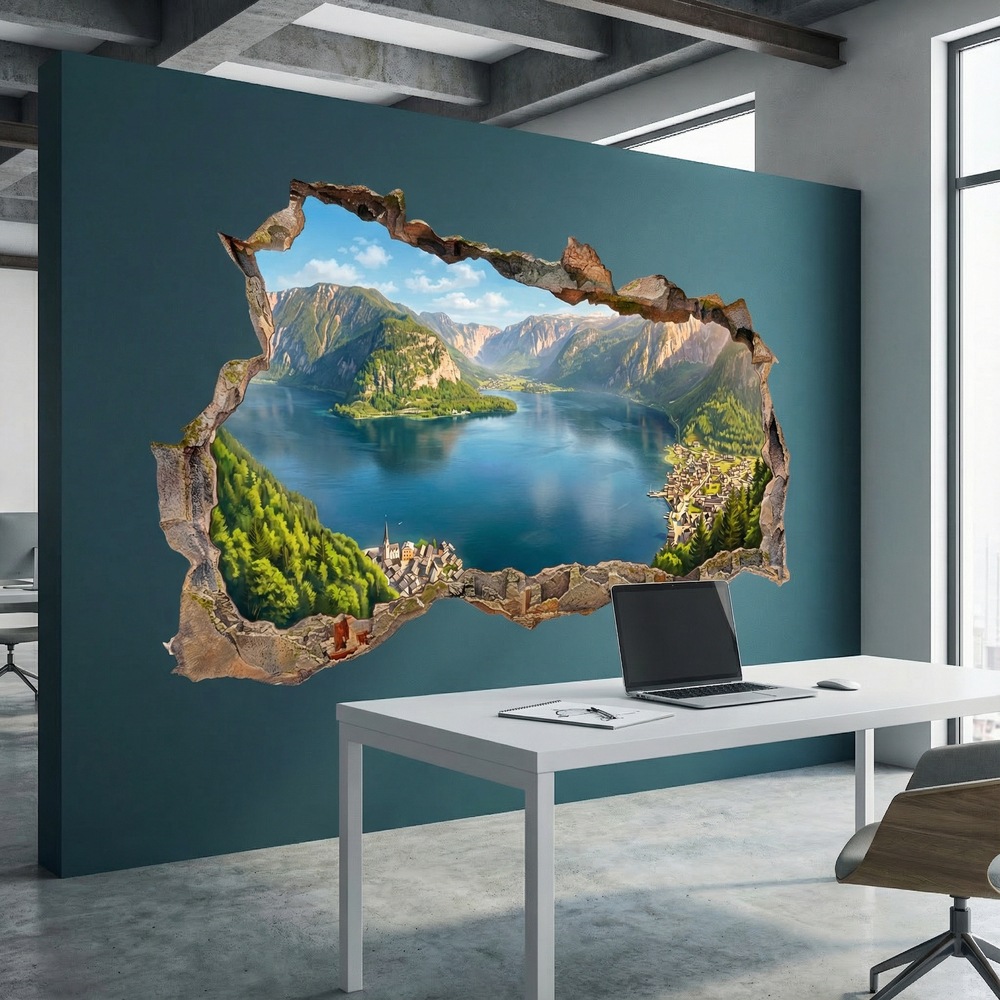 Vinilos Decorativos: Agujero de Muro Lago Alpino Panor&aacute;mico