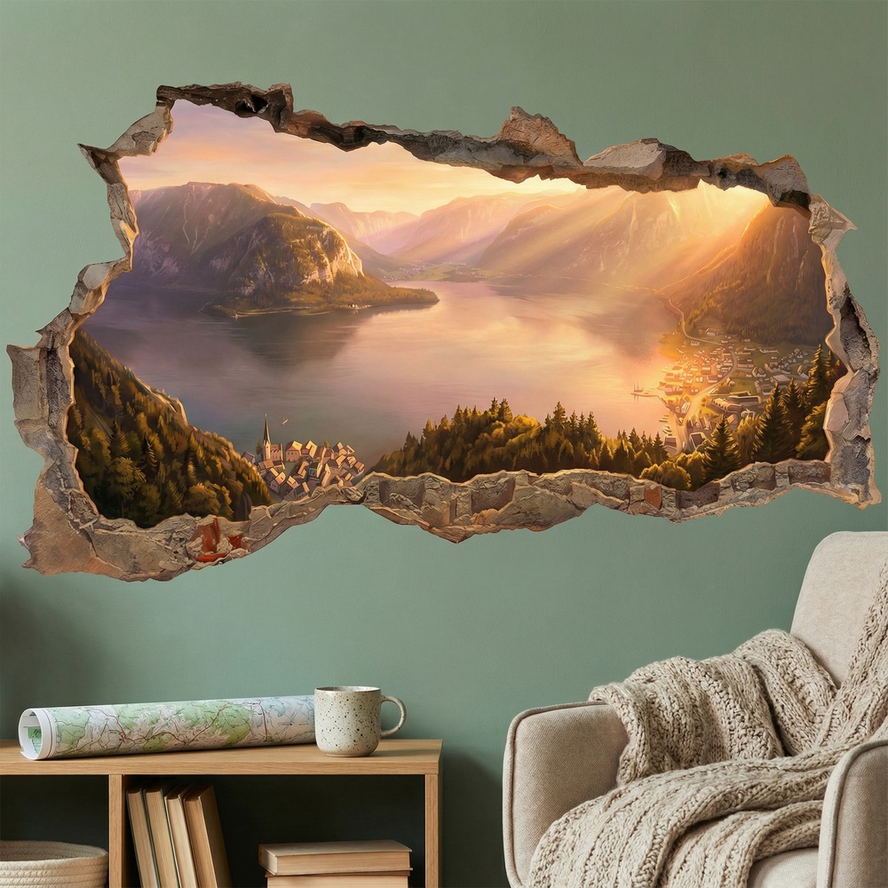 Vinilos Decorativos: Agujero de Muro Lago Alpino al Atardecer