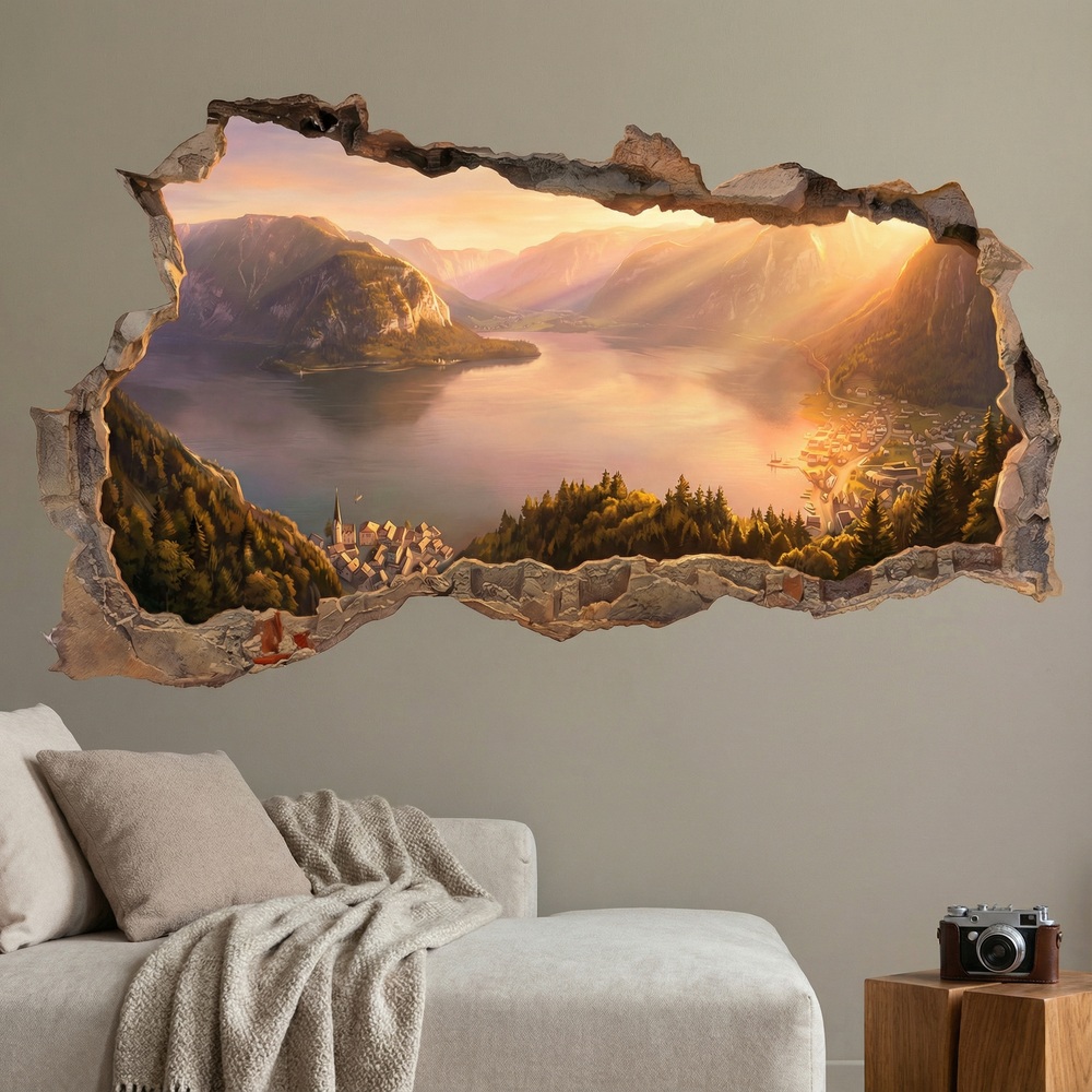 Vinilos Decorativos: Agujero de Muro Lago Alpino al Atardecer