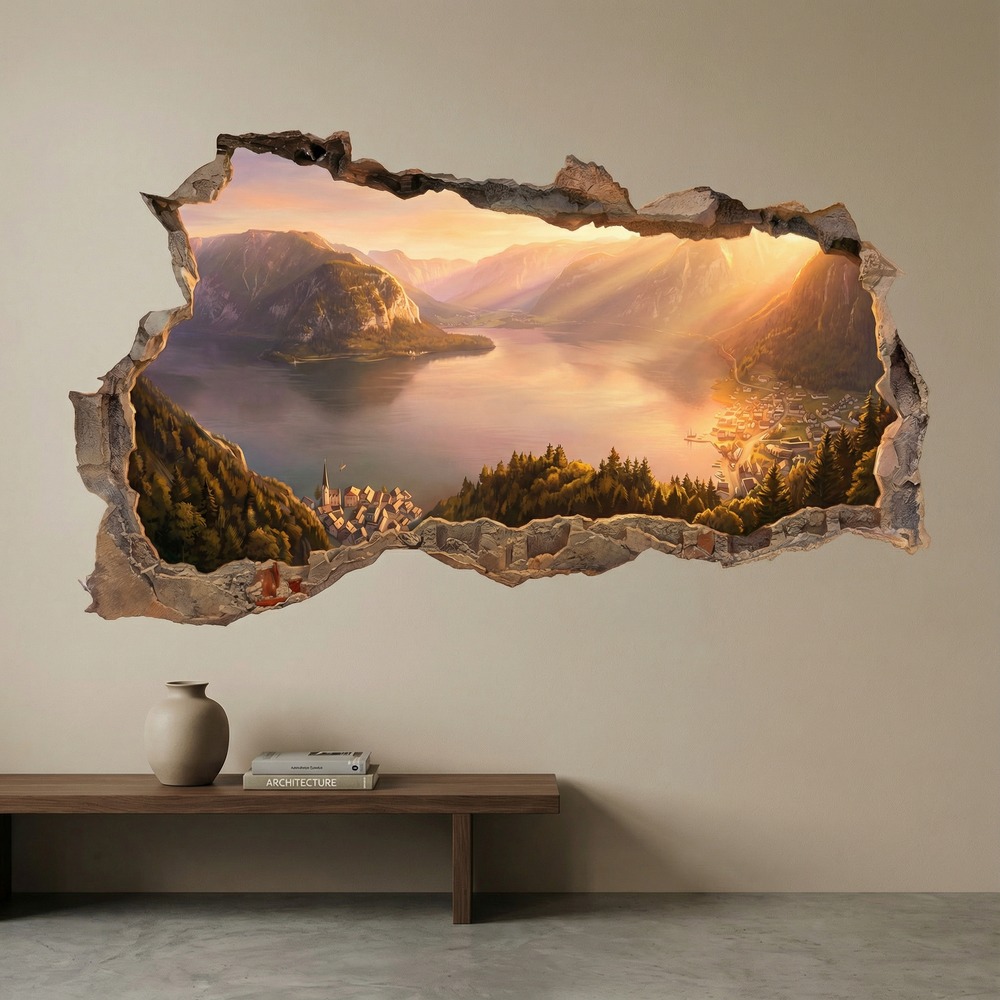 Vinilos Decorativos: Agujero de Muro Lago Alpino al Atardecer