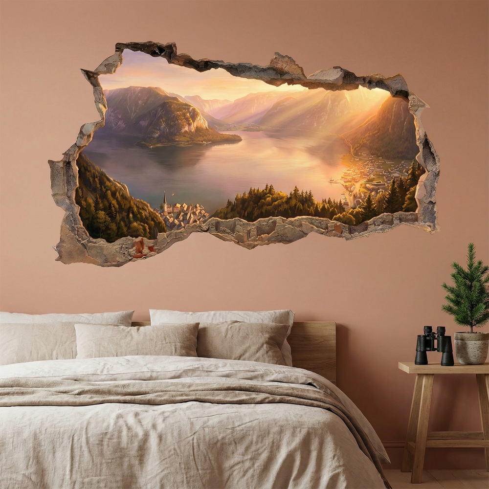 Vinilos Decorativos: Agujero de Muro Lago Alpino al Atardecer