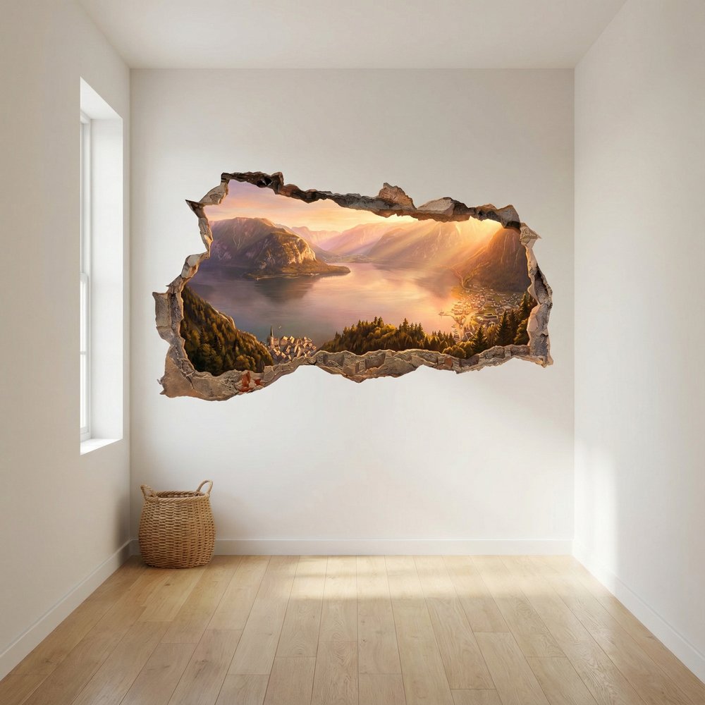 Vinilos Decorativos: Agujero de Muro Lago Alpino al Atardecer