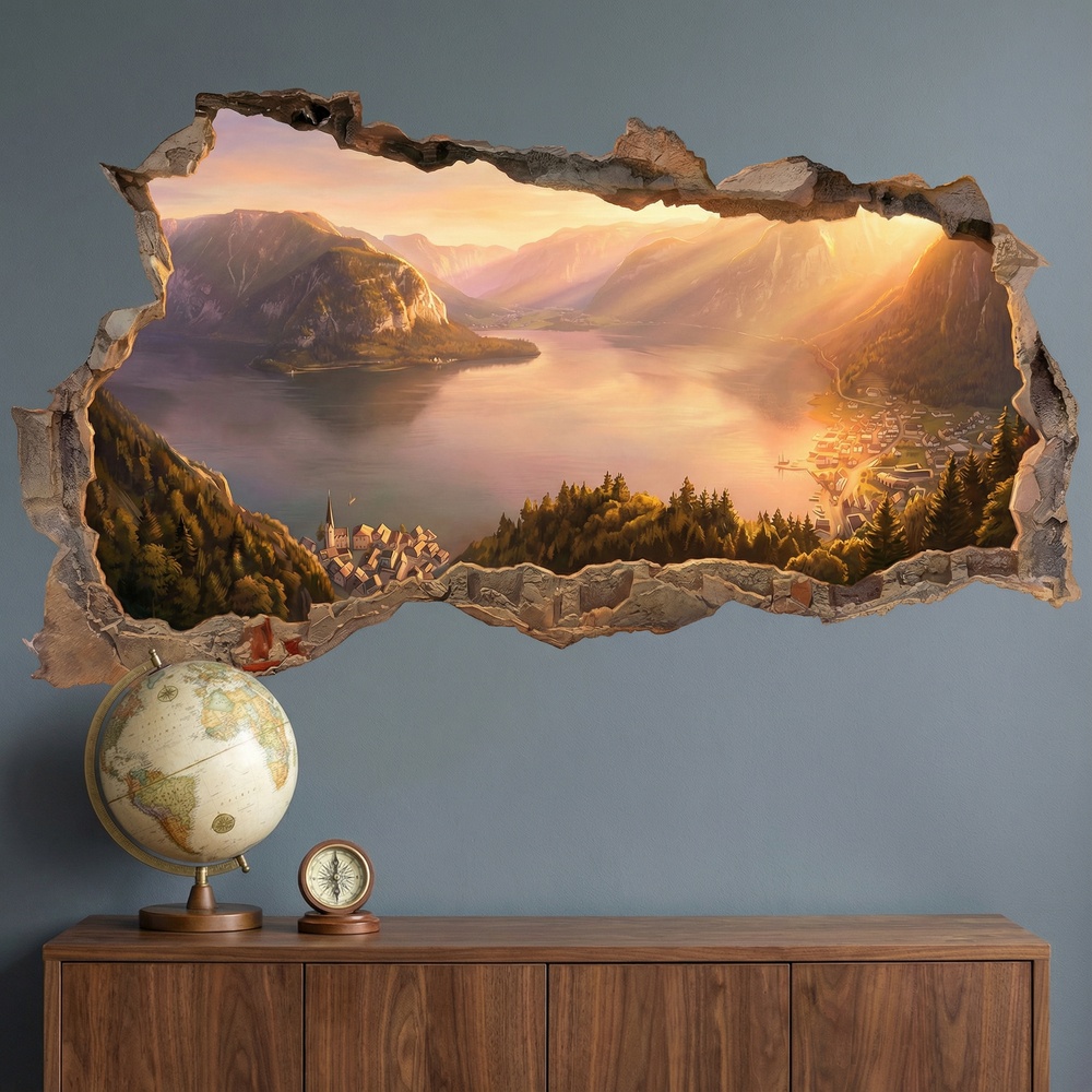 Vinilos Decorativos: Agujero de Muro Lago Alpino al Atardecer