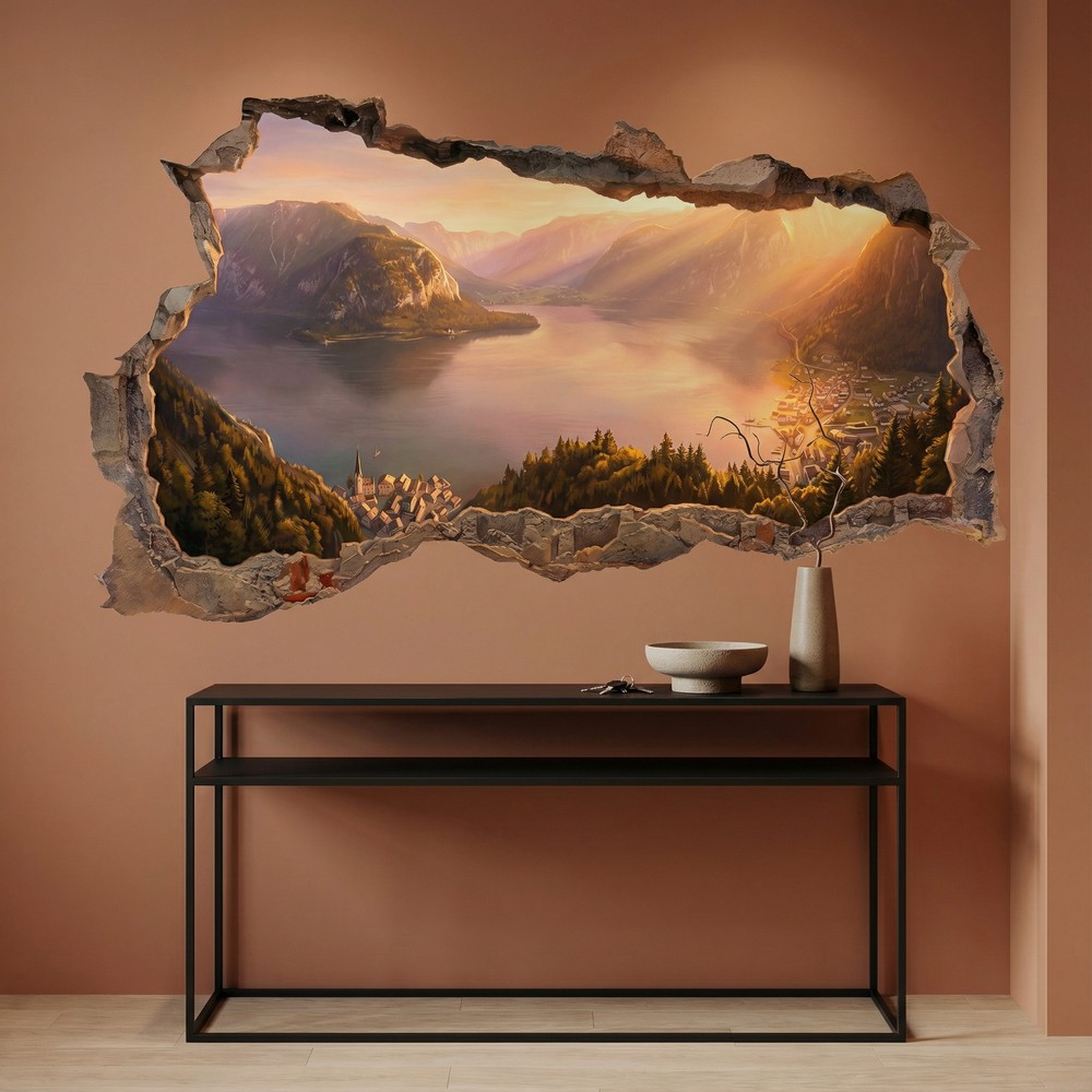 Vinilos Decorativos: Agujero de Muro Lago Alpino al Atardecer