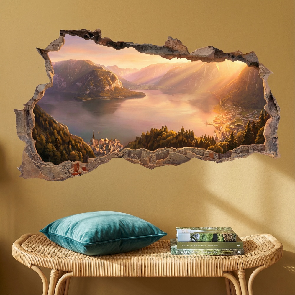 Vinilos Decorativos: Agujero de Muro Lago Alpino al Atardecer
