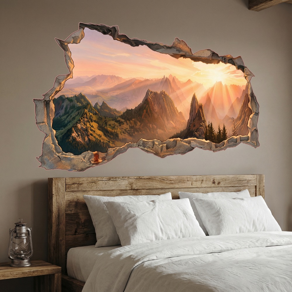 Vinilos Decorativos: Agujero de Muro Monta&ntilde;as Doradas al Amanecer