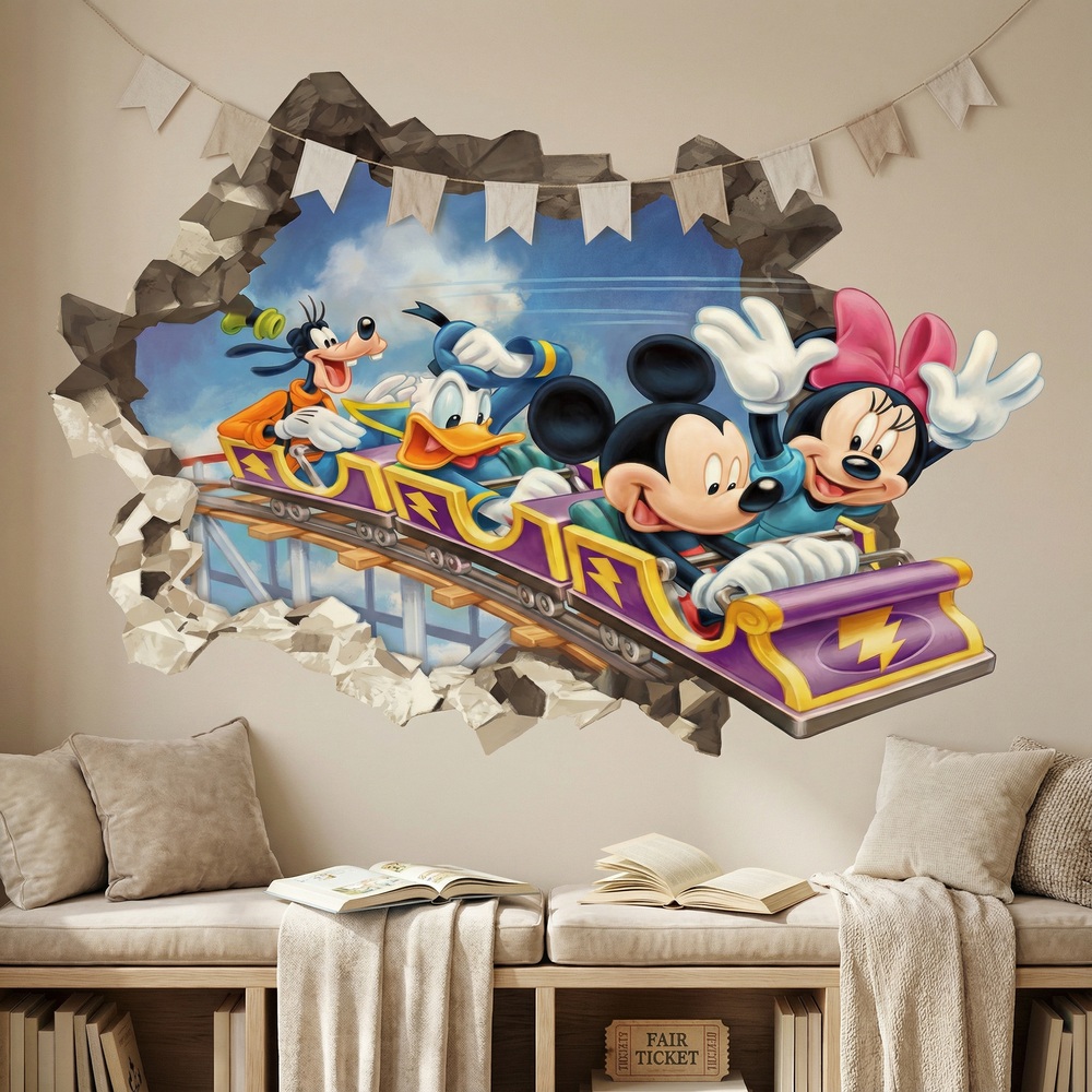 Vinilos Infantiles: Agujero Muro Amigos de Mickey Mouse Monta&ntilde;a Rusa