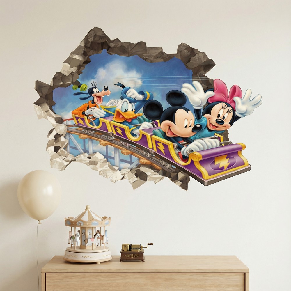 Vinilos Infantiles: Agujero Muro Amigos de Mickey Mouse Monta&ntilde;a Rusa