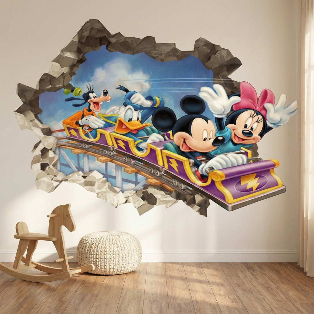 Vinilos Infantiles: Agujero Muro Amigos de Mickey Mouse Monta&ntilde;a Rusa