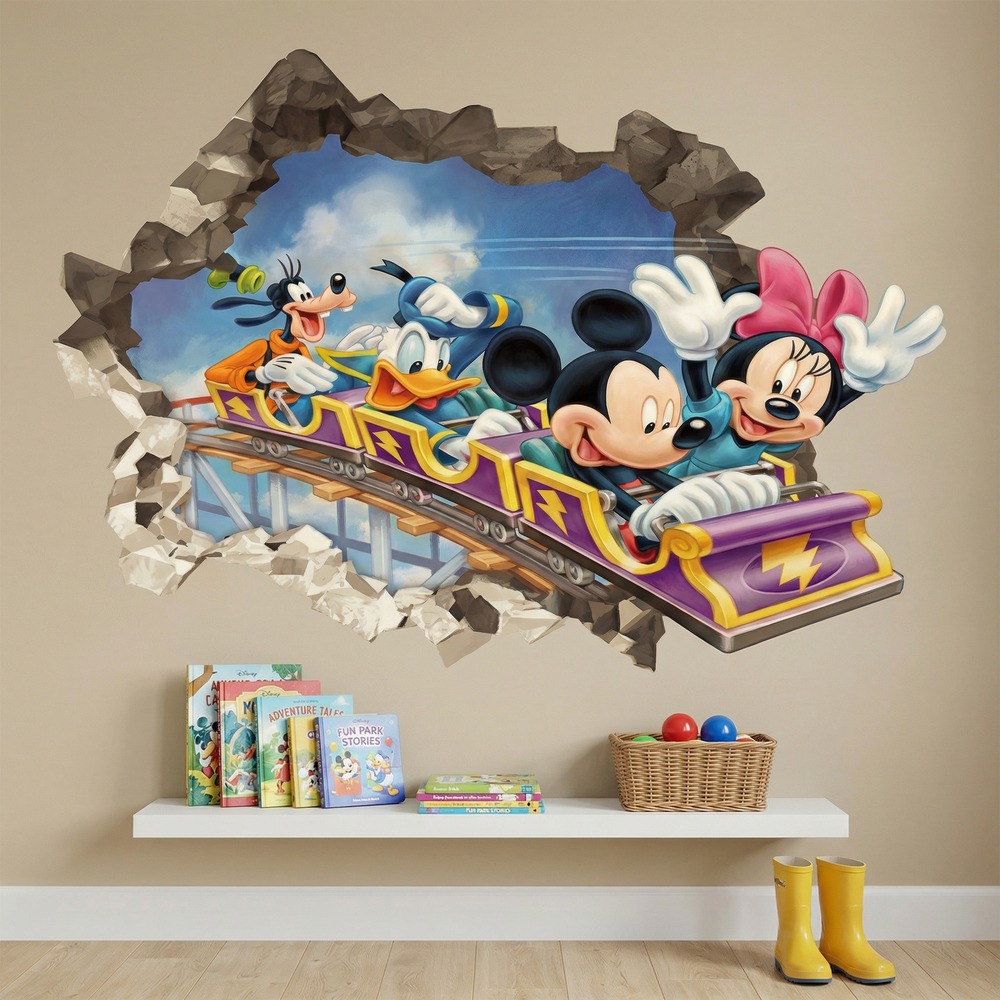 Vinilos Infantiles: Agujero Muro Amigos de Mickey Mouse Monta&ntilde;a Rusa