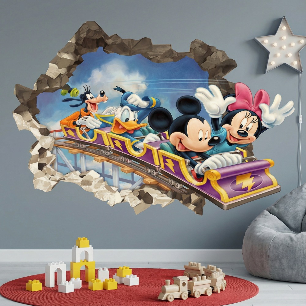 Vinilos Infantiles: Agujero Muro Amigos de Mickey Mouse Monta&ntilde;a Rusa