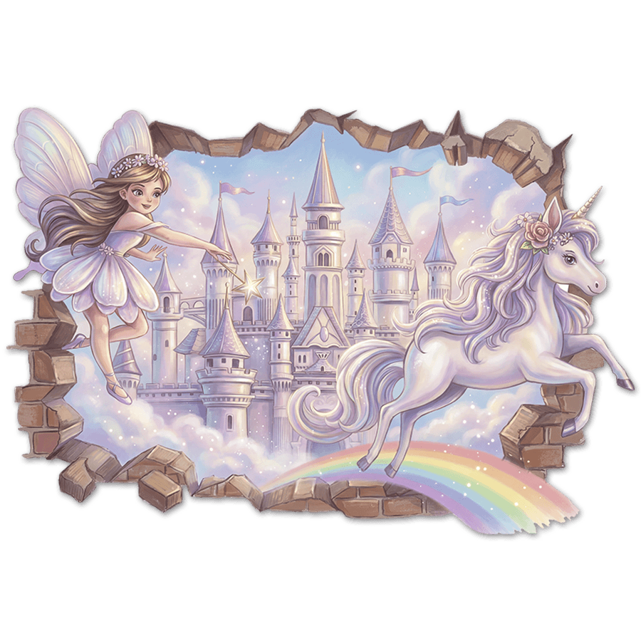 Vinilos Infantiles: Agujero de Muro Hada, Castillo y Unicornio