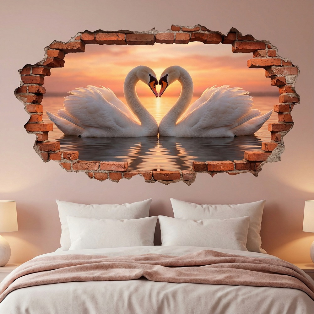 Vinilos Decorativos: Agujero de Muro Cisnes Coraz&oacute;n