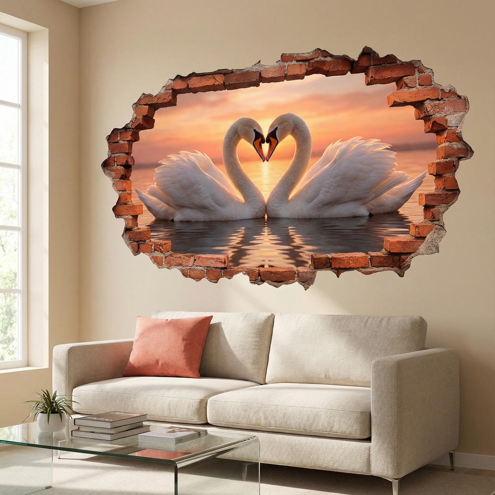 Vinilos Decorativos: Agujero de Muro Cisnes Coraz&oacute;n
