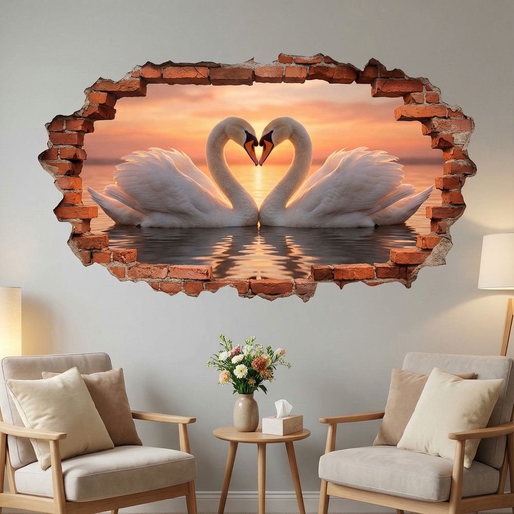Vinilos Decorativos: Agujero de Muro Cisnes Coraz&oacute;n
