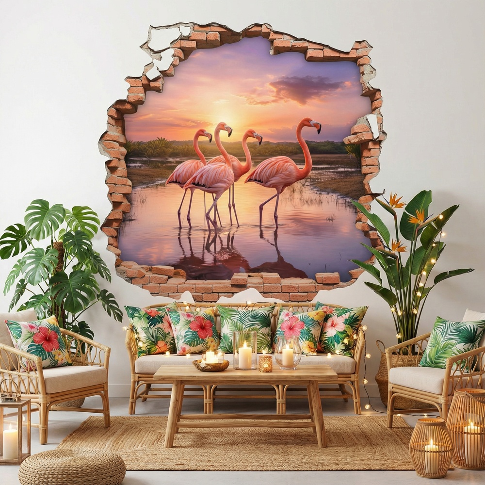 Vinilos Decorativos: Agujero de Muro Flamencos Atardecer