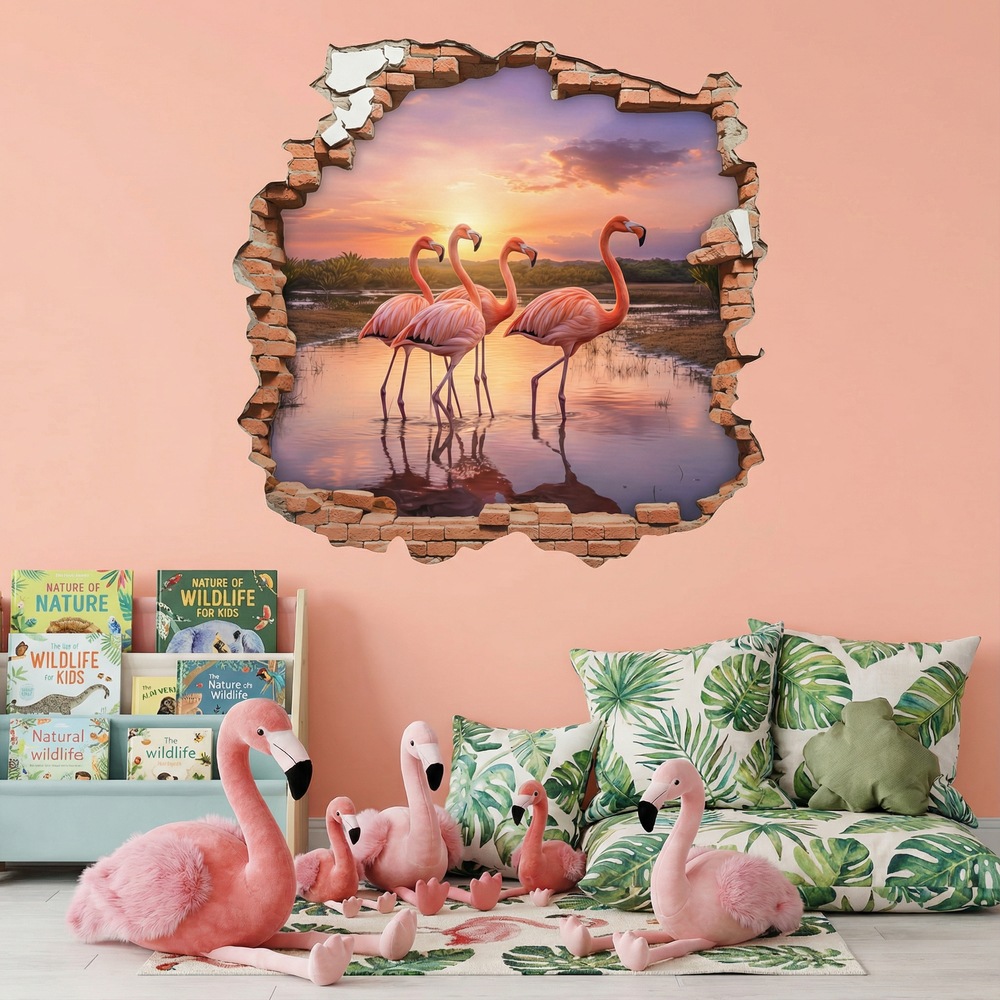 Vinilos Decorativos: Agujero de Muro Flamencos Atardecer