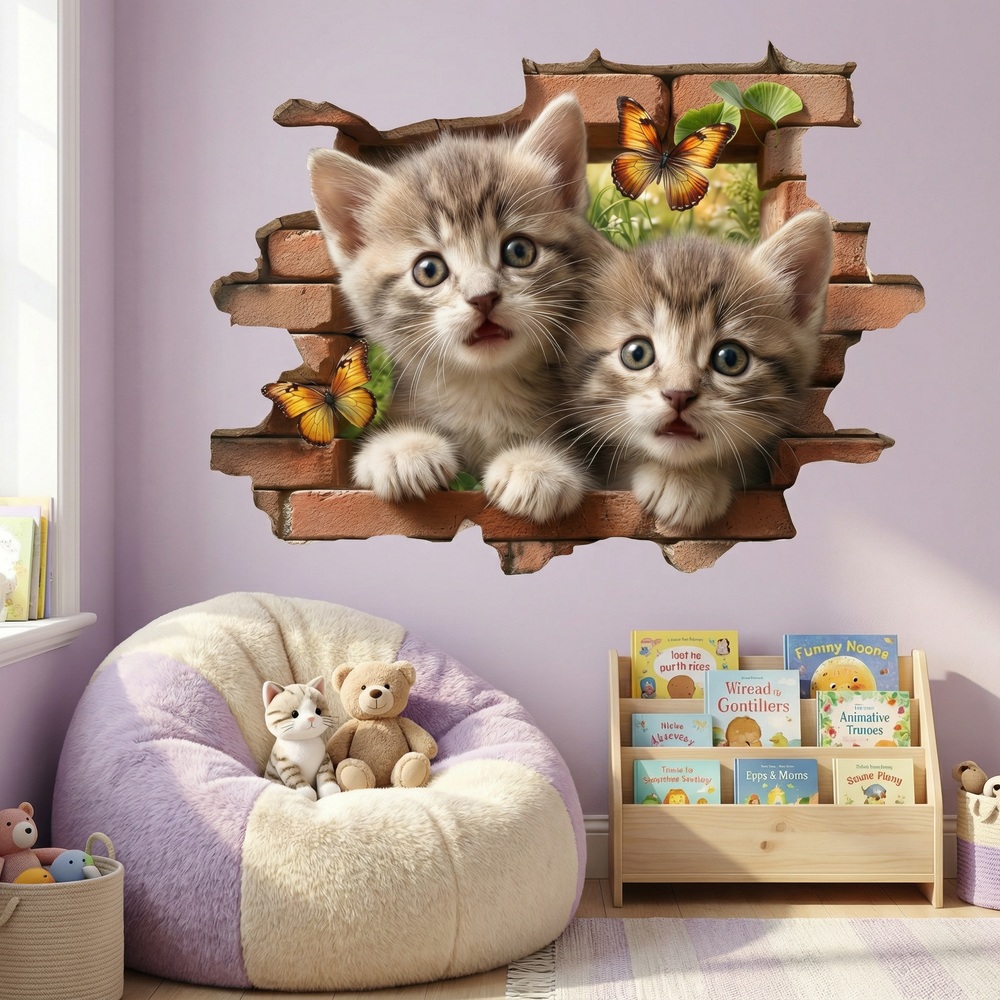 Vinilos Decorativos: Agujero de Muro Gatitos Mariposas