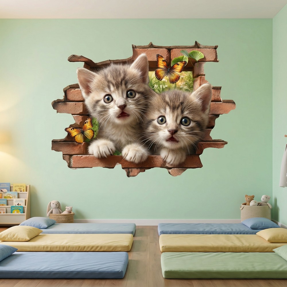 Vinilos Decorativos: Agujero de Muro Gatitos Mariposas