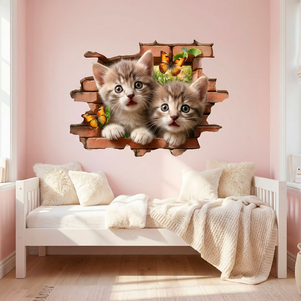 Vinilos Decorativos: Agujero de Muro Gatitos Mariposas