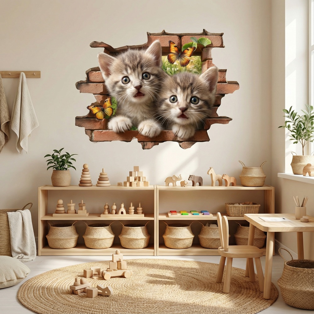 Vinilos Decorativos: Agujero de Muro Gatitos Mariposas