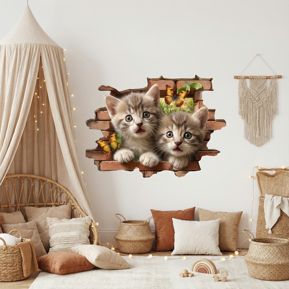 Vinilos Decorativos: Agujero de Muro Gatitos Mariposas