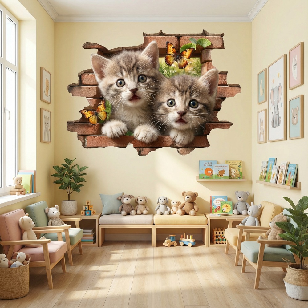 Vinilos Decorativos: Agujero de Muro Gatitos Mariposas