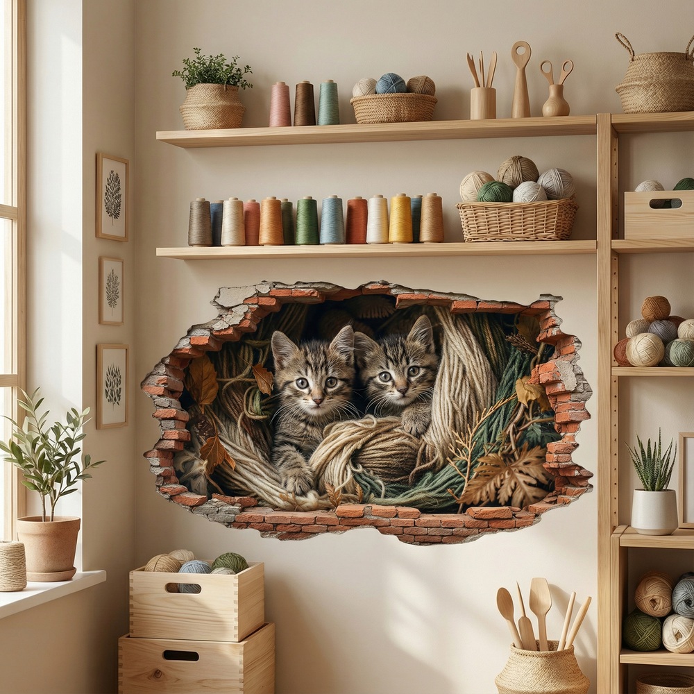 Vinilos Decorativos: Agujero de Muro Gatitos Cuerdas