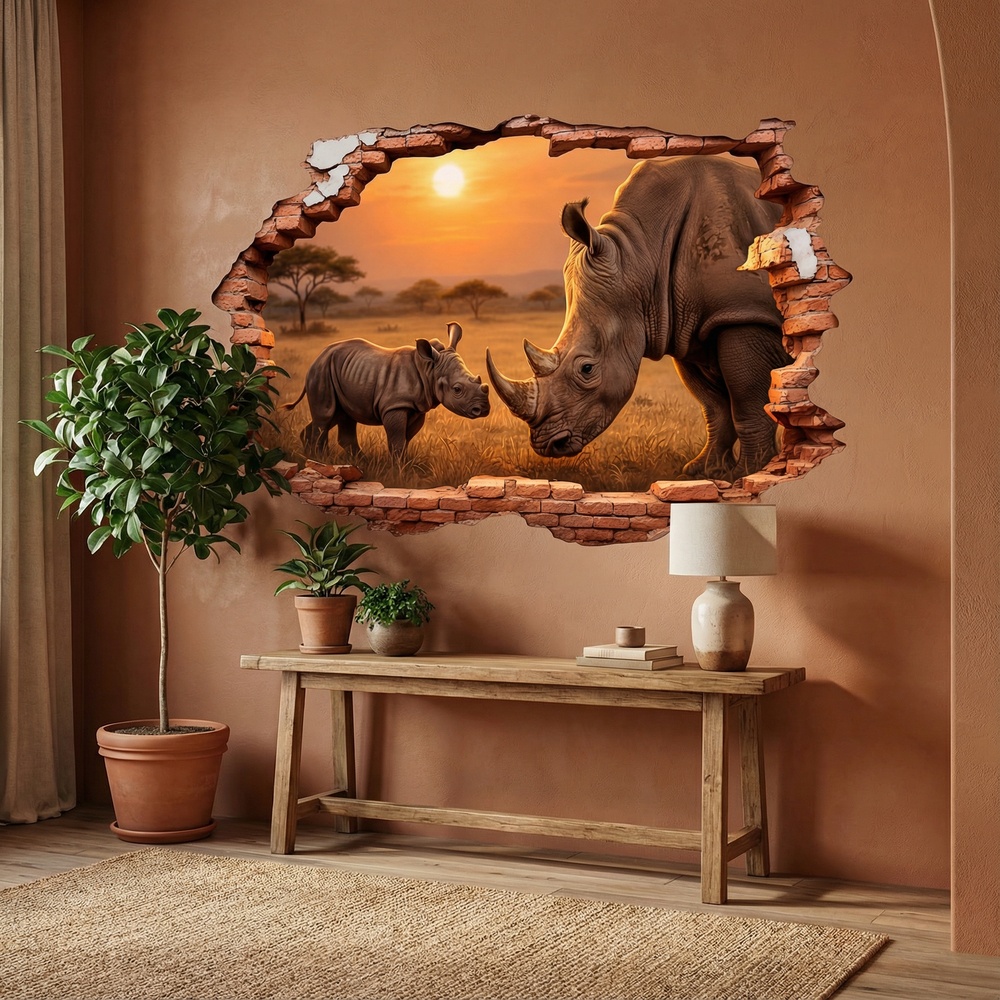 Vinilos Decorativos: Agujero de Muro Rinocerontes Atardecer