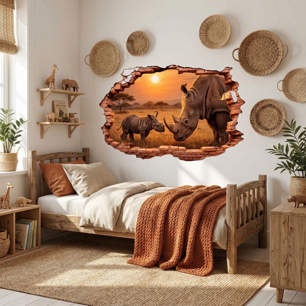 Vinilos Decorativos: Agujero de Muro Rinocerontes Atardecer