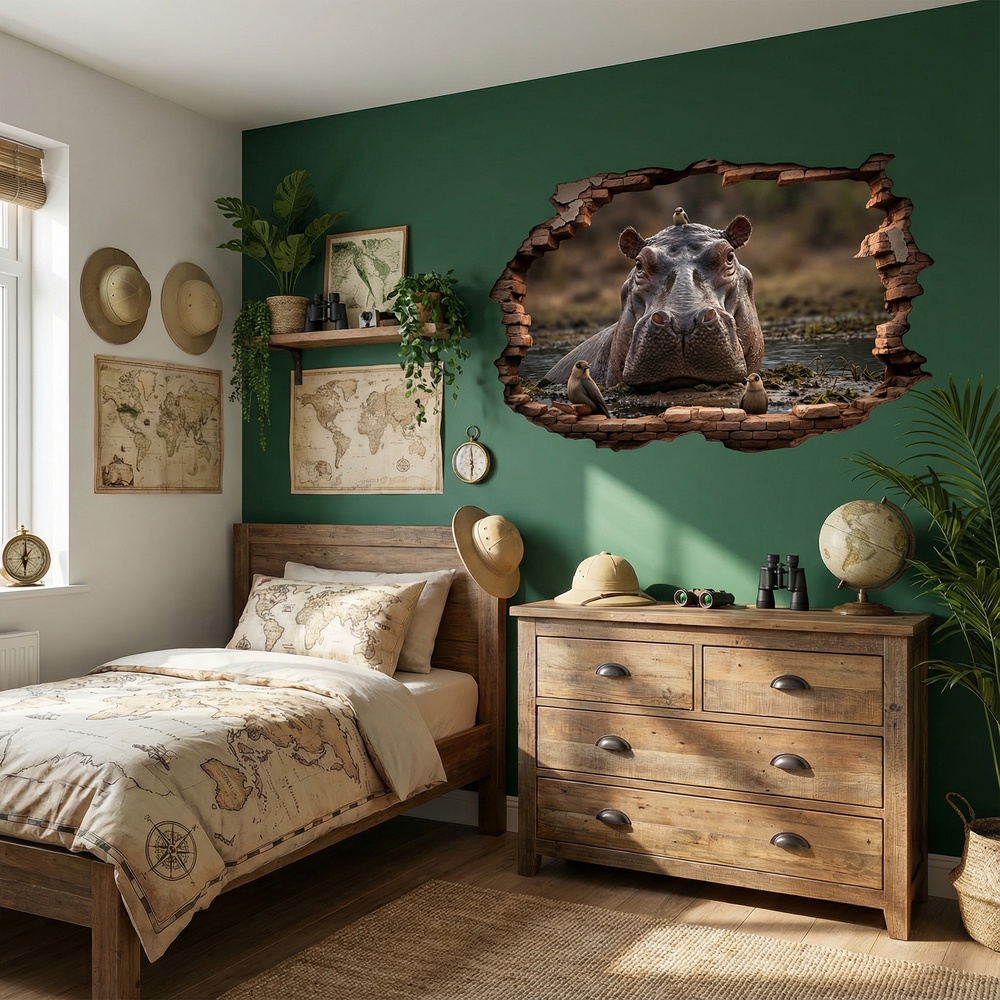 Vinilos Decorativos: Vinilo 3D Agujero Pared Hipop&oacute;tamo