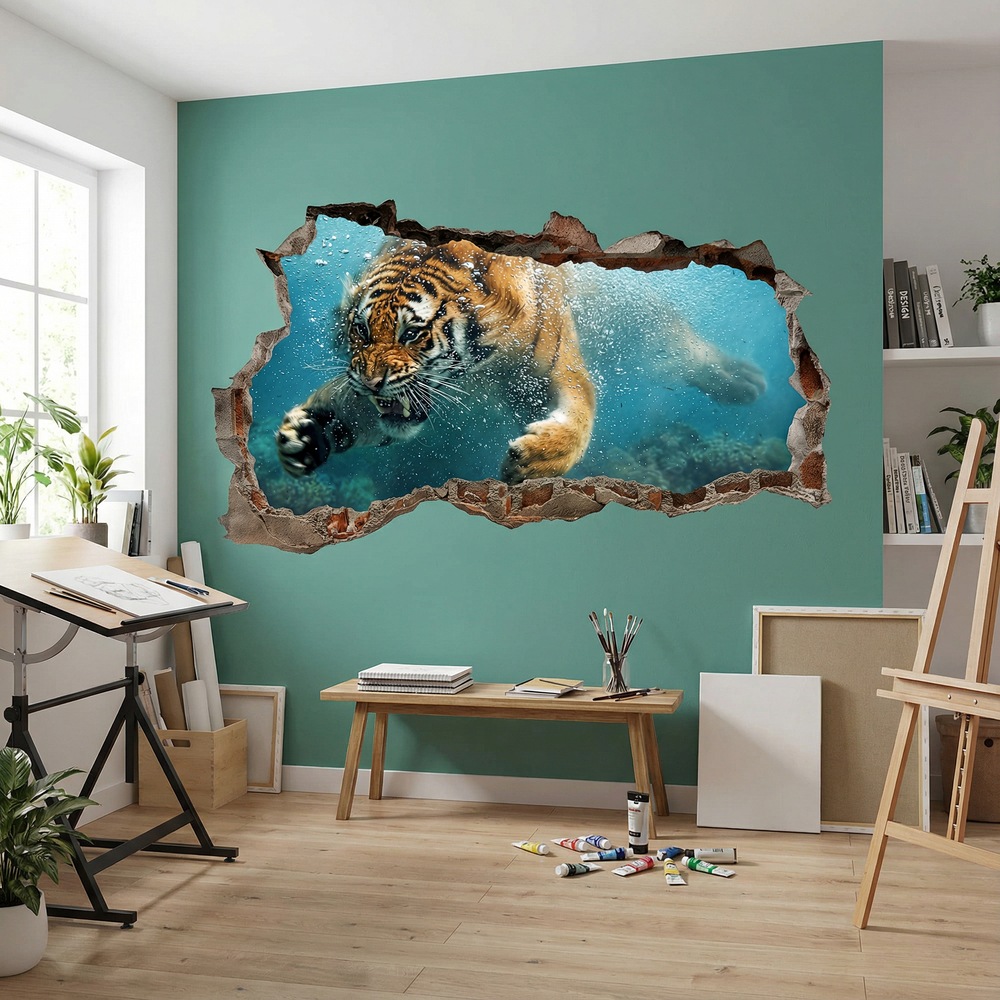 Vinilos Decorativos: Agujero de Muro Tigre Bajo el Agua