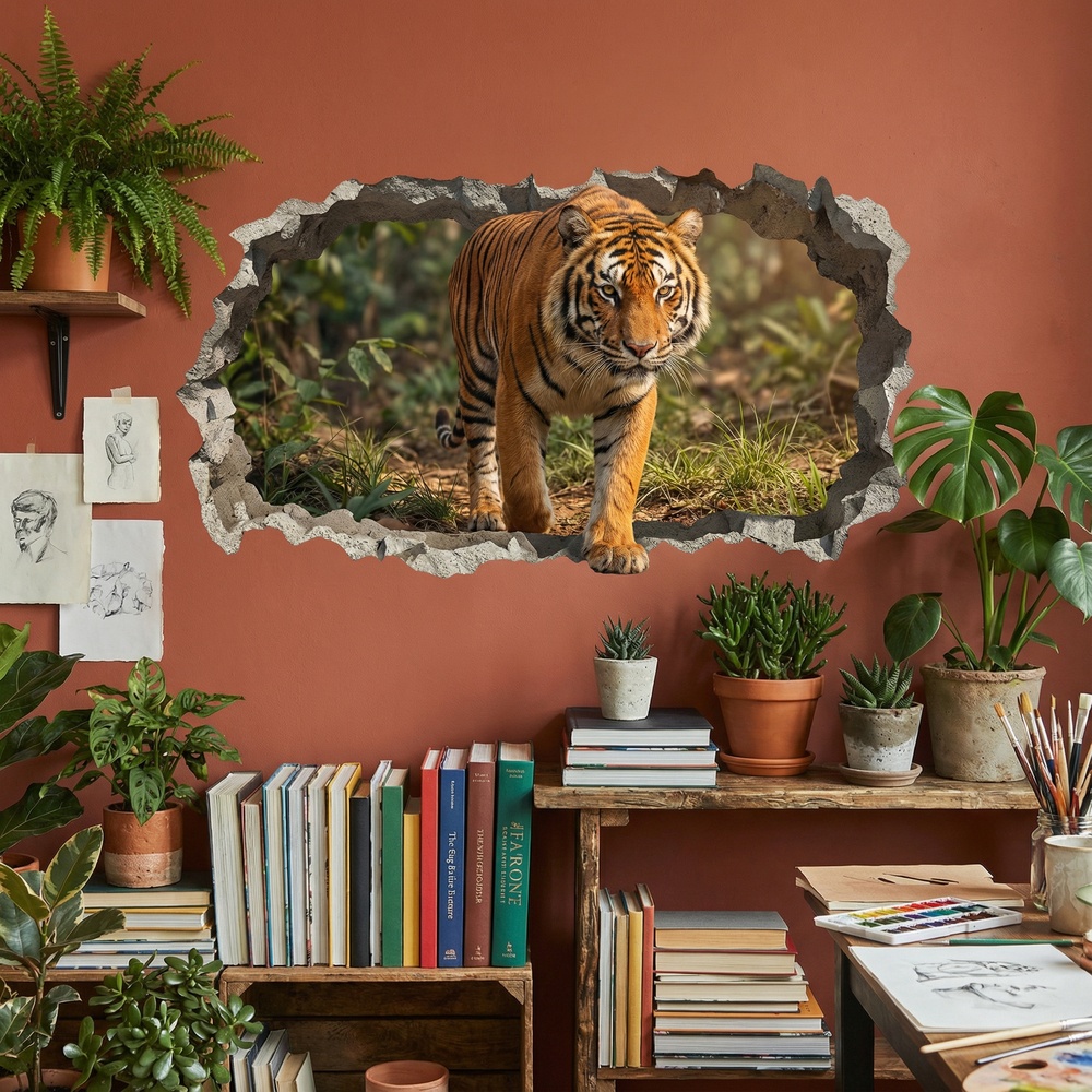 Vinilos Decorativos: Agujero de Muro Tigre Caminando