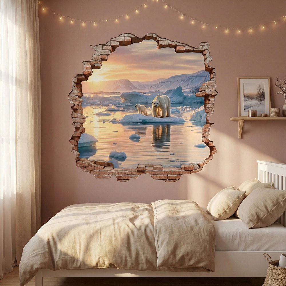 Vinilos Decorativos: Agujero de Muro Osos Polares Atardecer