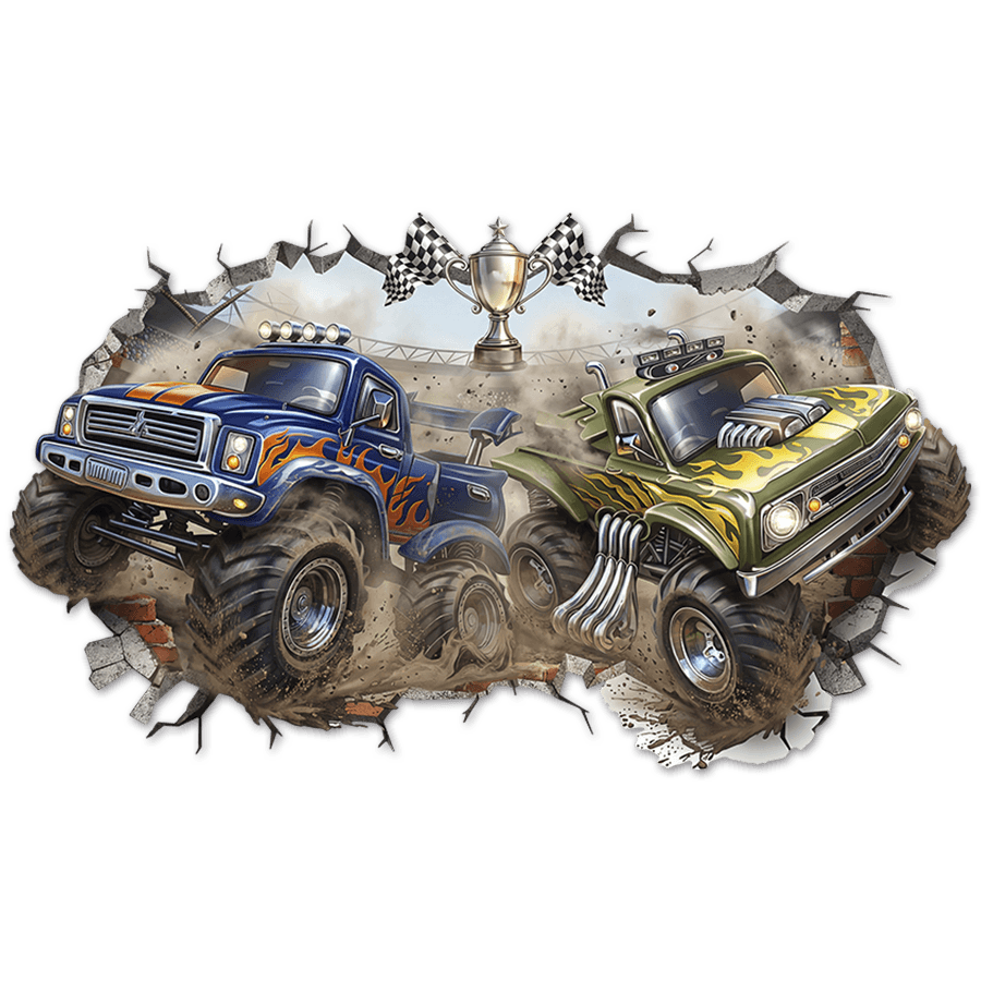 Vinilos Infantiles: Agujero de Muro Monster Trucks en Competici&oacute;n