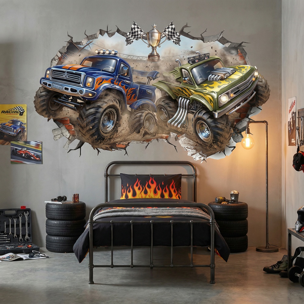 Vinilos Infantiles: Agujero de Muro Monster Trucks Carrera