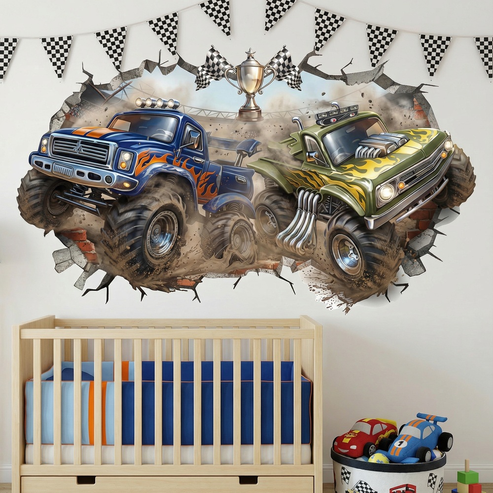 Vinilos Infantiles: Agujero de Muro Monster Trucks en Competici&oacute;n