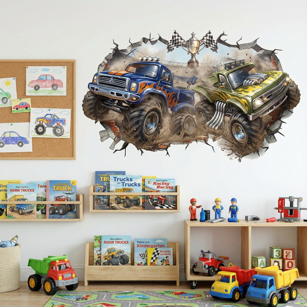 Vinilos Infantiles: Agujero de Muro Monster Trucks en Competici&oacute;n