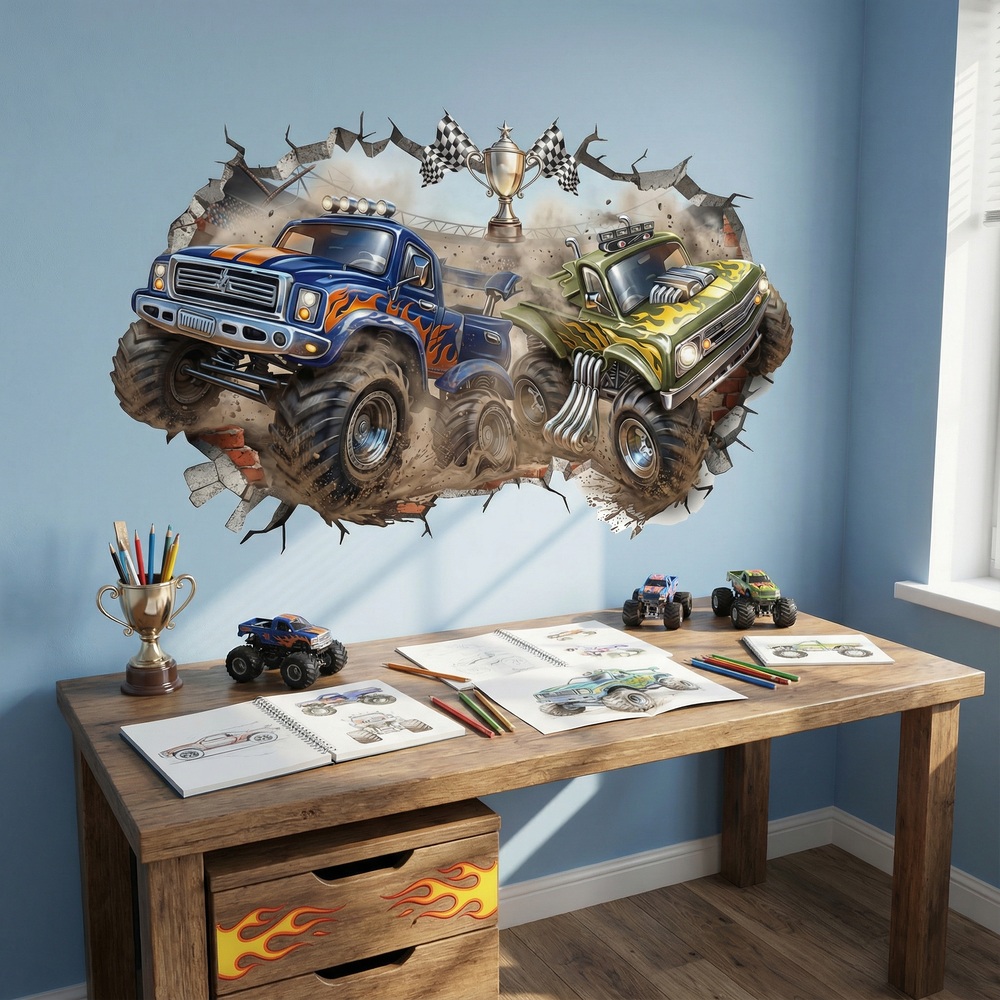 Vinilos Infantiles: Agujero de Muro Monster Trucks en Competici&oacute;n