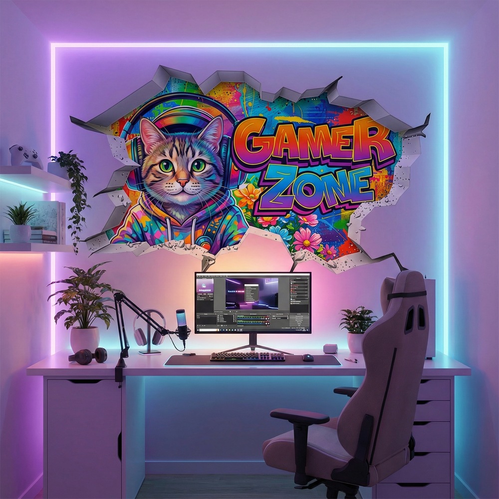 Vinilos Decorativos: Agujero de Muro Gato Gamer Zone