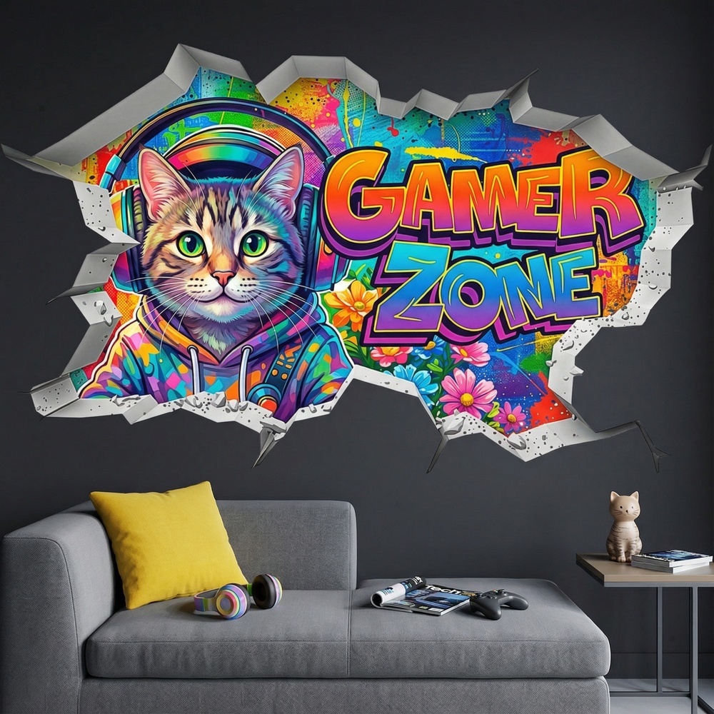 Vinilos Decorativos: Agujero de Muro Gato Gamer Zone
