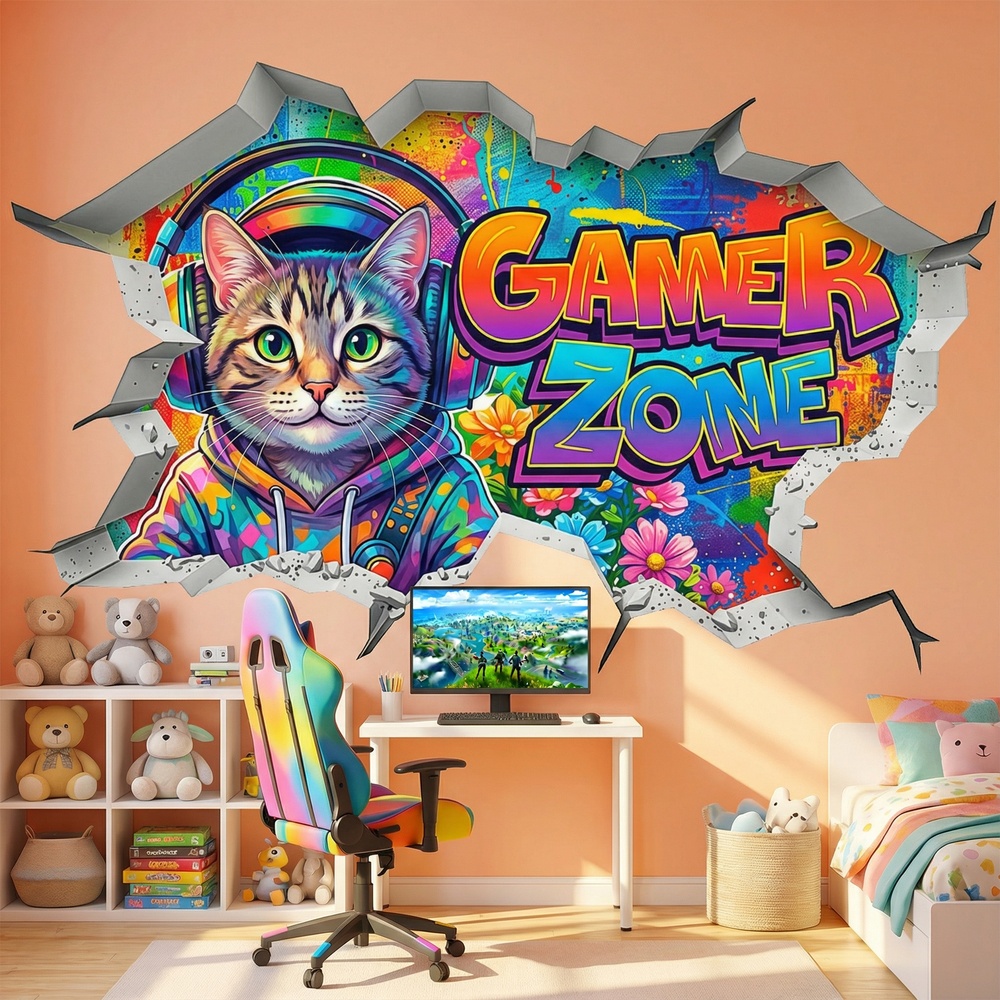 Vinilos Decorativos: Agujero de Muro Gato Gamer Zone