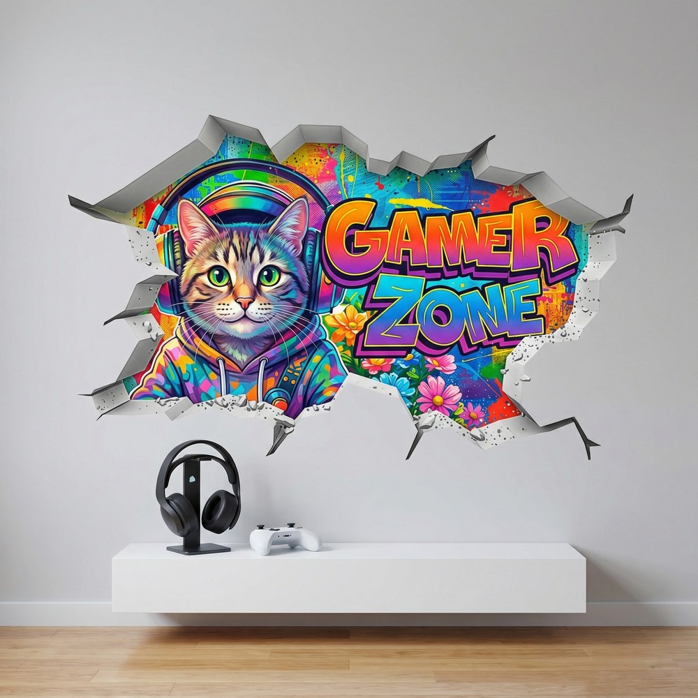 Vinilos Decorativos: Agujero de Muro Gato Gamer Zone