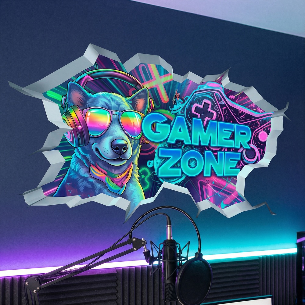Vinilos Decorativos: Agujero de Muro Perro Gamer Zone