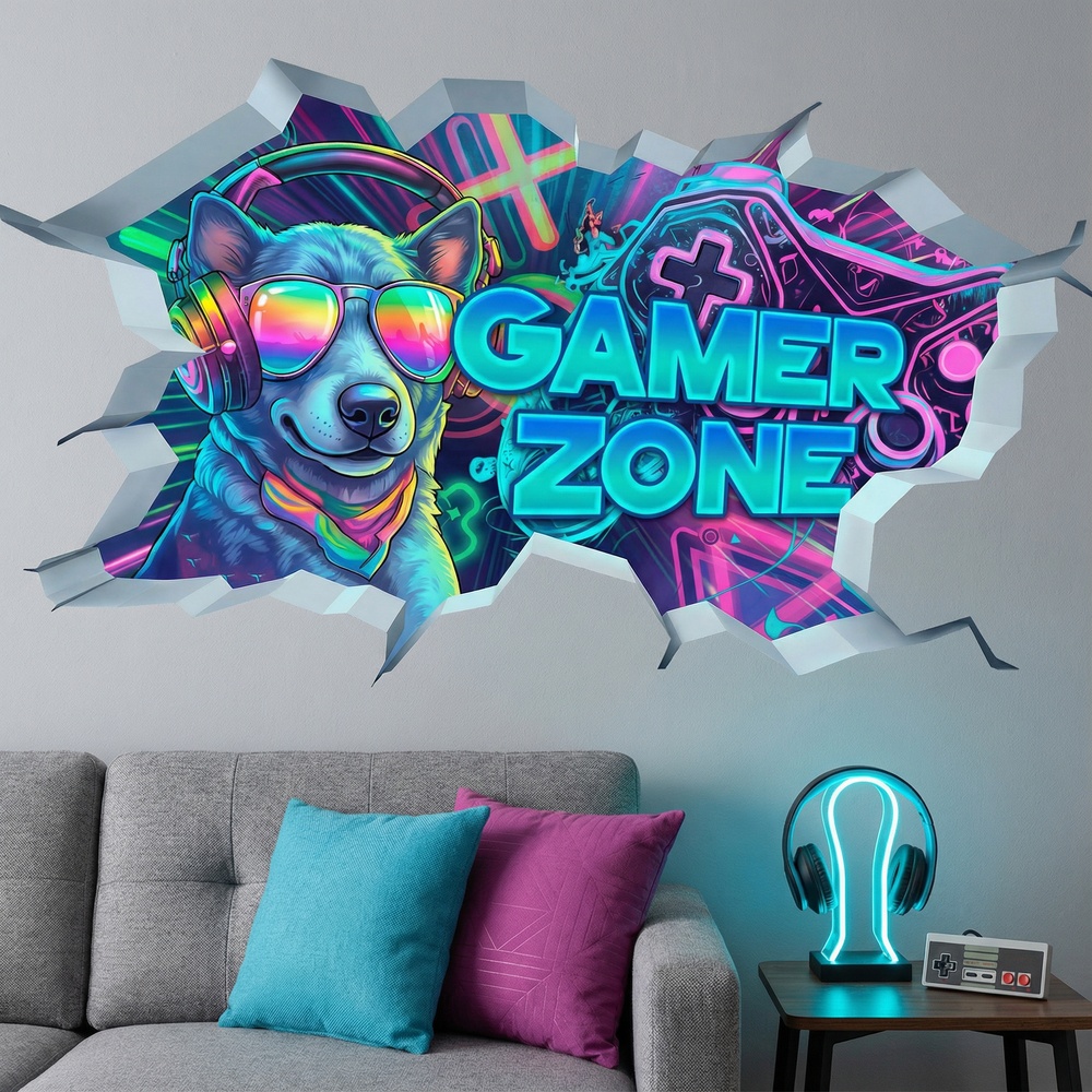 Vinilos Decorativos: Agujero de Muro Perro Gamer Zone