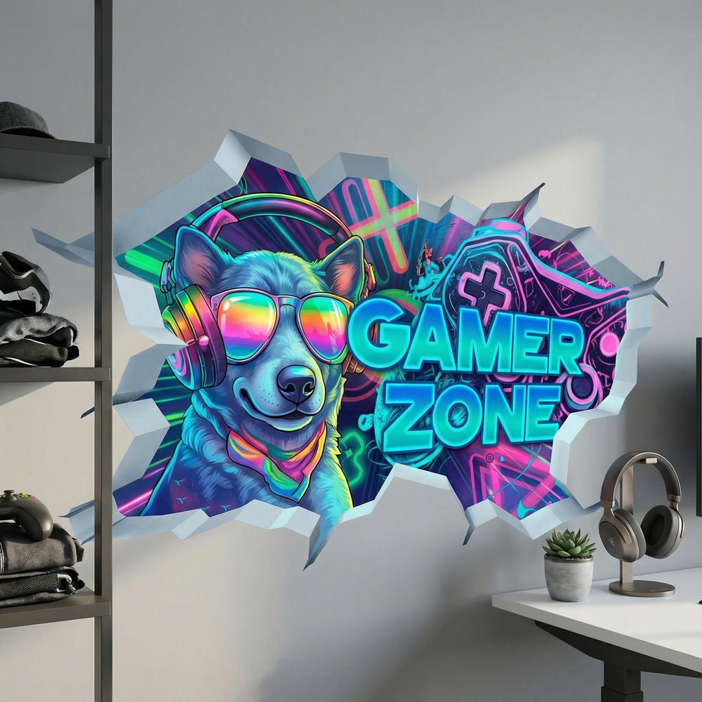 Vinilos Decorativos: Agujero de Muro Perro Gamer Zone