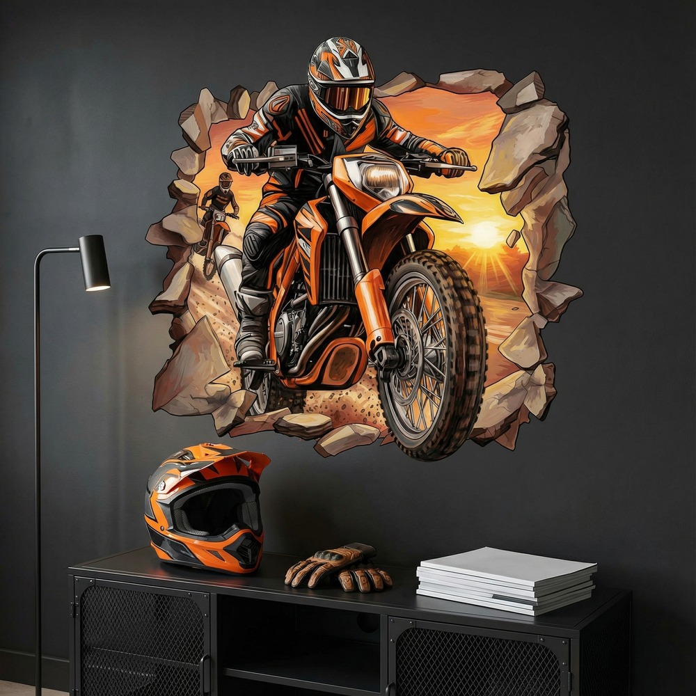 Vinilos Decorativos: Agujero de Muro Motocross Atardecer