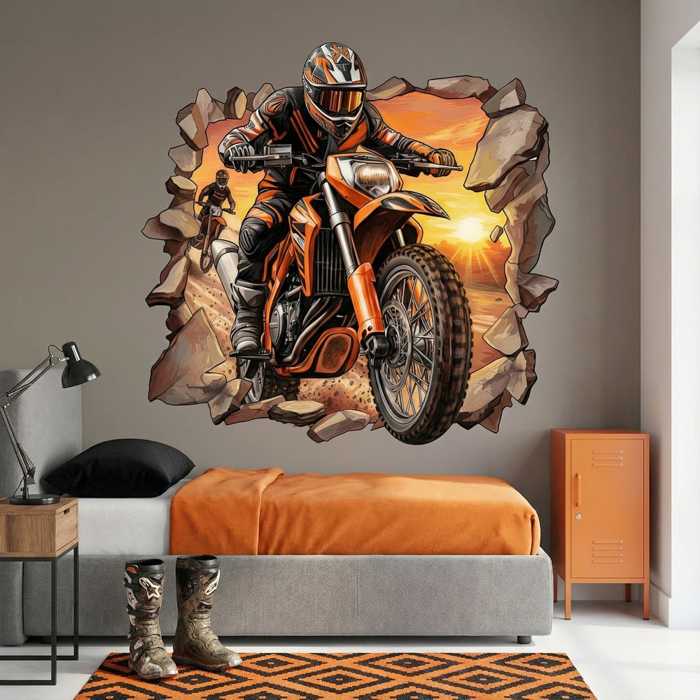 Vinilos Decorativos: Agujero de Muro Motocross Atardecer